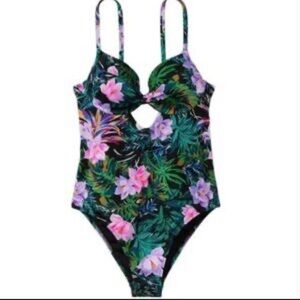 New! Victoria's Secret black palm push-up Swimsuit tropical Floral 3849
